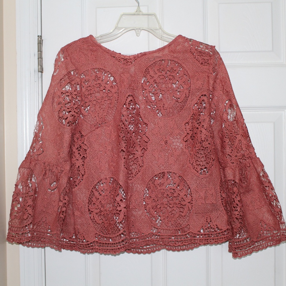 Rose pink long-sleeve crochet top